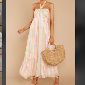 Halter style coral multi stripe maxi dress